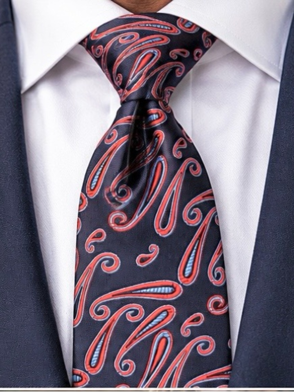 Valeriano Collection Handmade Silk Tie Navy Blue Paisley Scroll
